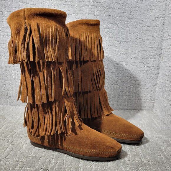 Minnetonka Moccasins 3 Layer Fringe Women's Size 5 Brown Suede Calf High Boots - Picture 4 of 10